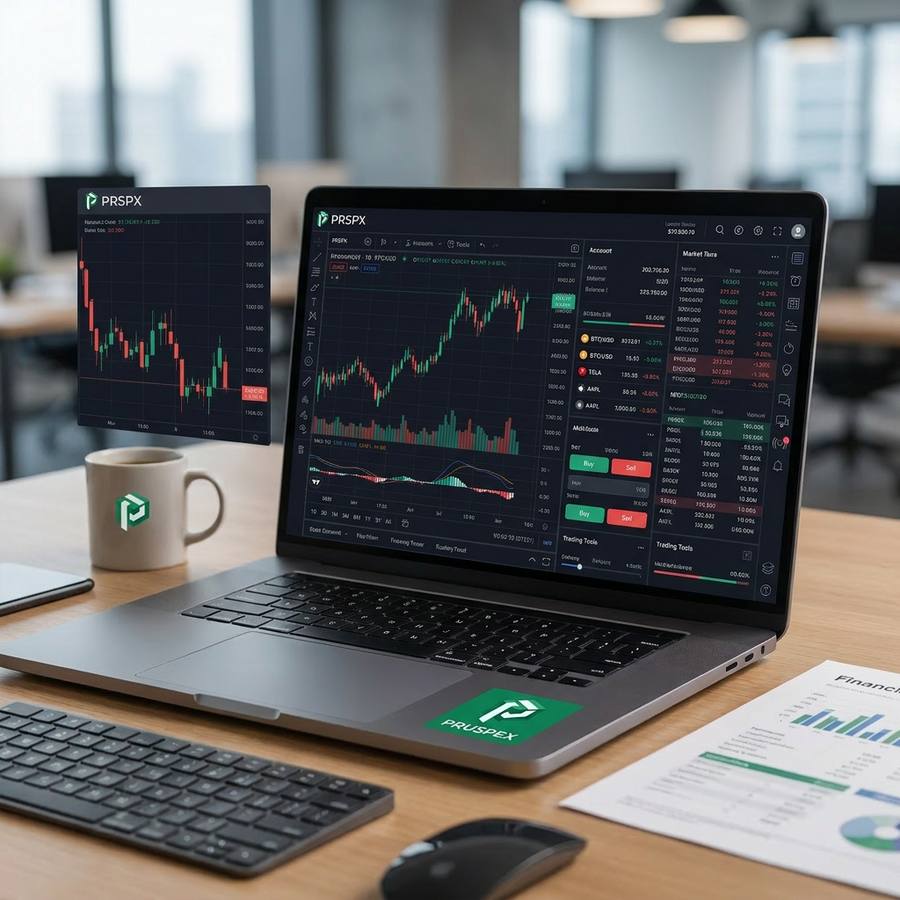 Plateforme Pruspex — interface de trading avec assistant intelligent, graphiques en temps réel et panneau multi-actifs