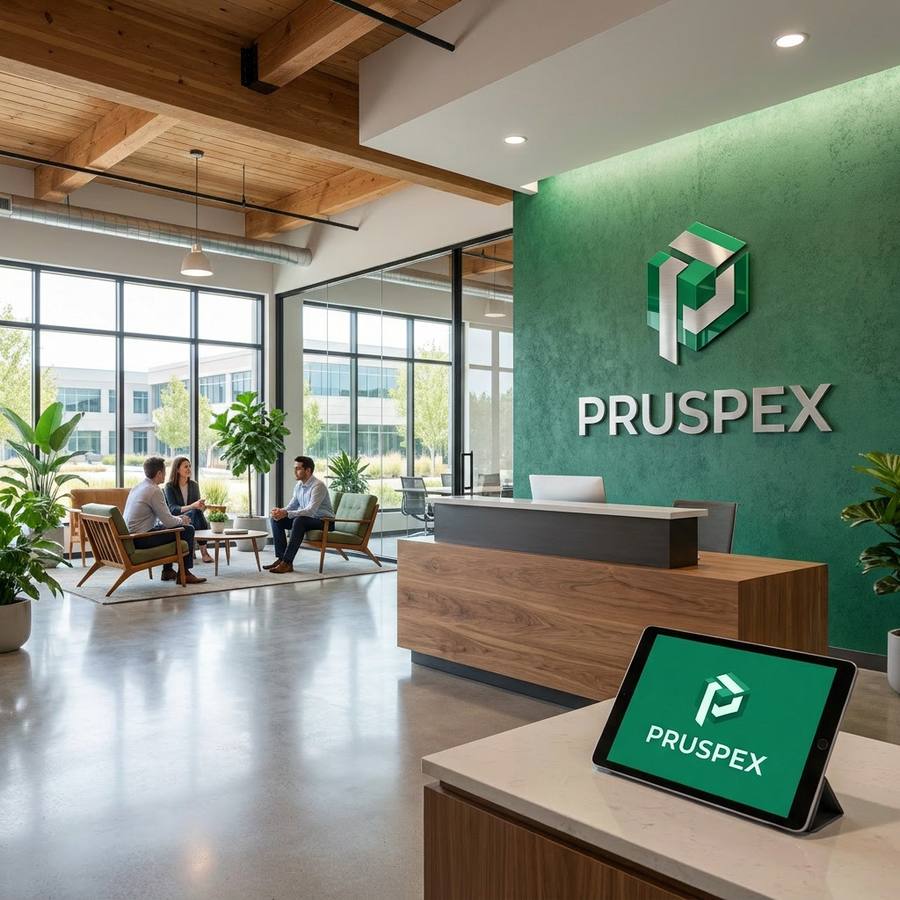 Pruspex headquarters — modern reception with a working team and an illuminated Pruspex sign